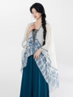 Chinese Modern Clothes Blue Printed Shawl Strap Dress Set (2-Piece)