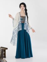 Chinese Modern Clothes Blue Printed Shawl Strap Dress Set (2-Piece) - Image 5