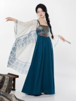 Chinese Modern Clothes Blue Printed Shawl Strap Dress Set (2-Piece) - Image 2