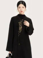 Chinese Style Wool Coat for Women – Red & Black Statement Winter Outerwear - Image 2