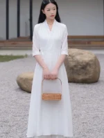 Zen Style White Long Dress Women Casual Chiffon Fairy Dresses
