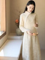 Fur Collar Chinese Winter Qipao Dress Embroidered Long Dress