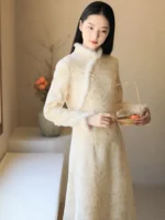 Fur Collar Chinese Winter Qipao Dress Embroidered Long Dress - Image 2