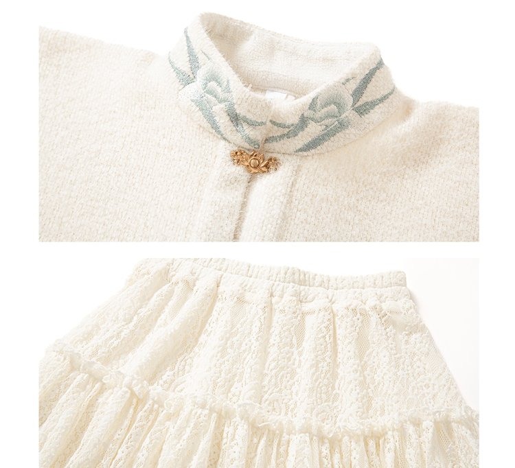 High collar with embroidery and lace trim