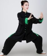 Contrast Tai Chi Outfit for Women – Black Green Flow Martial Arts Set - Image 3