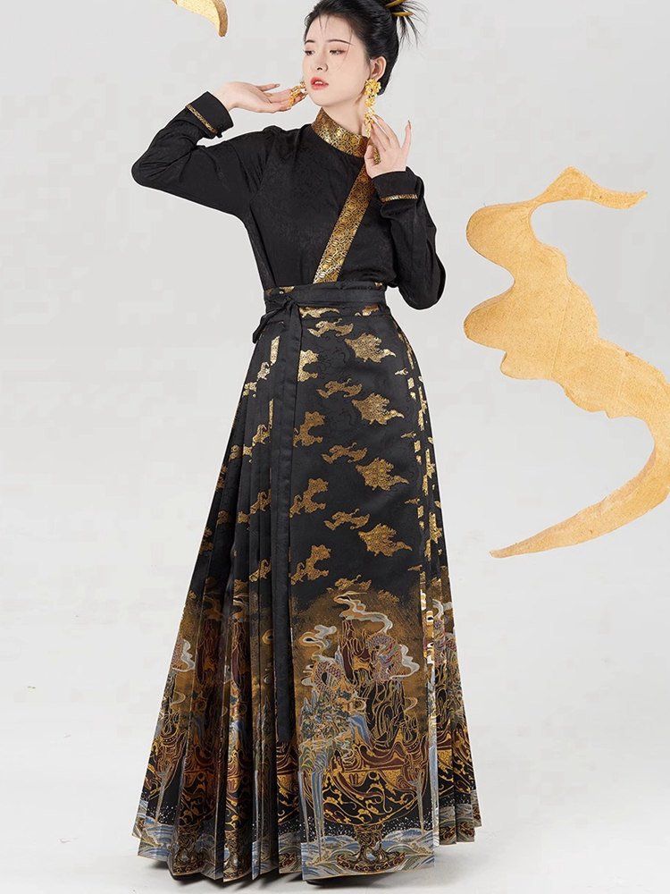 Hanfu model wearing gilded cloud-pattern mamian skirt inspired by incense smoke rising from a Boshanlu bronze censer