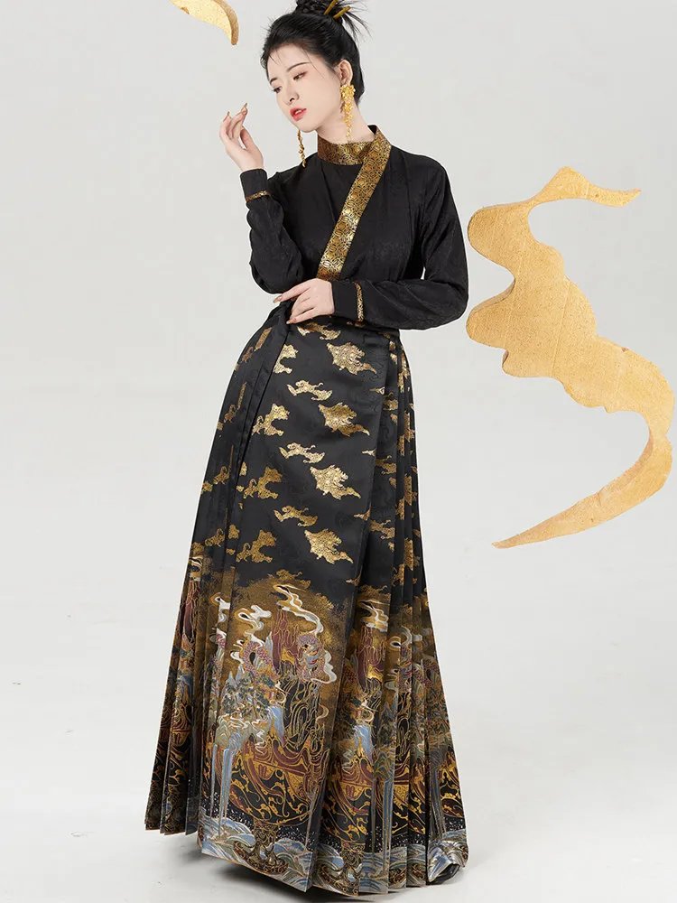 Standing model wearing a black Ming-style mamian skirt with gold cloud brocade inspired by the Boshanlu censer, paired with a Jin-style curved collar top