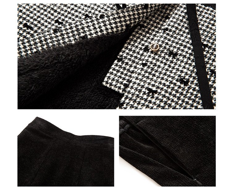 Close-up of houndstooth tweed and velvet fabric