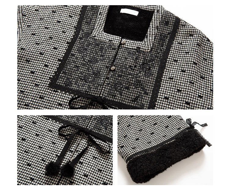 Close-up of the top showing houndstooth tweed and lace trim