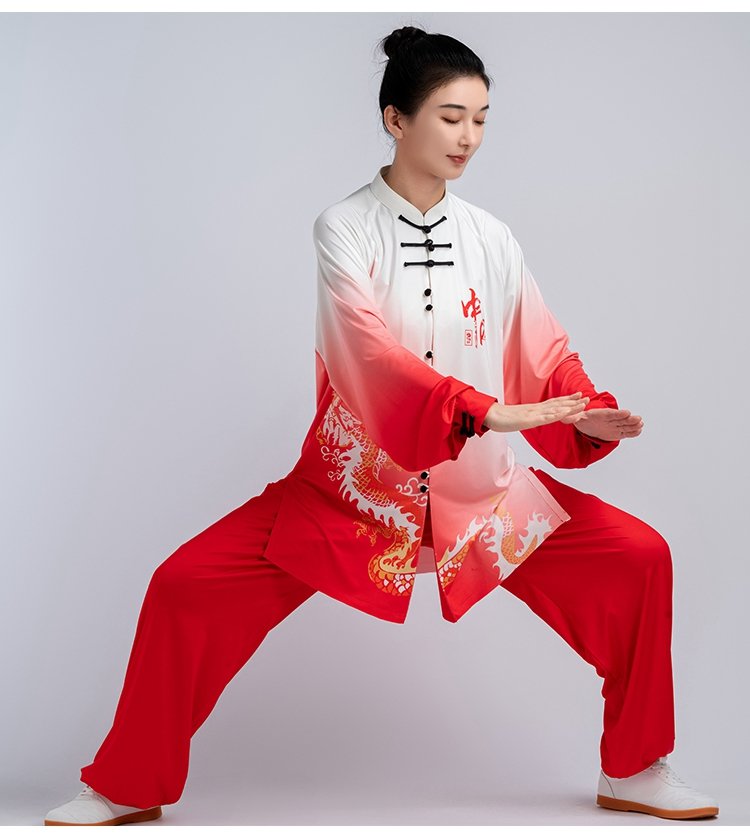 Model practicing Tai Chi in red-white dragon print uniform