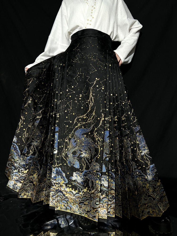 Black horse-face skirt with gold celestial embroidery