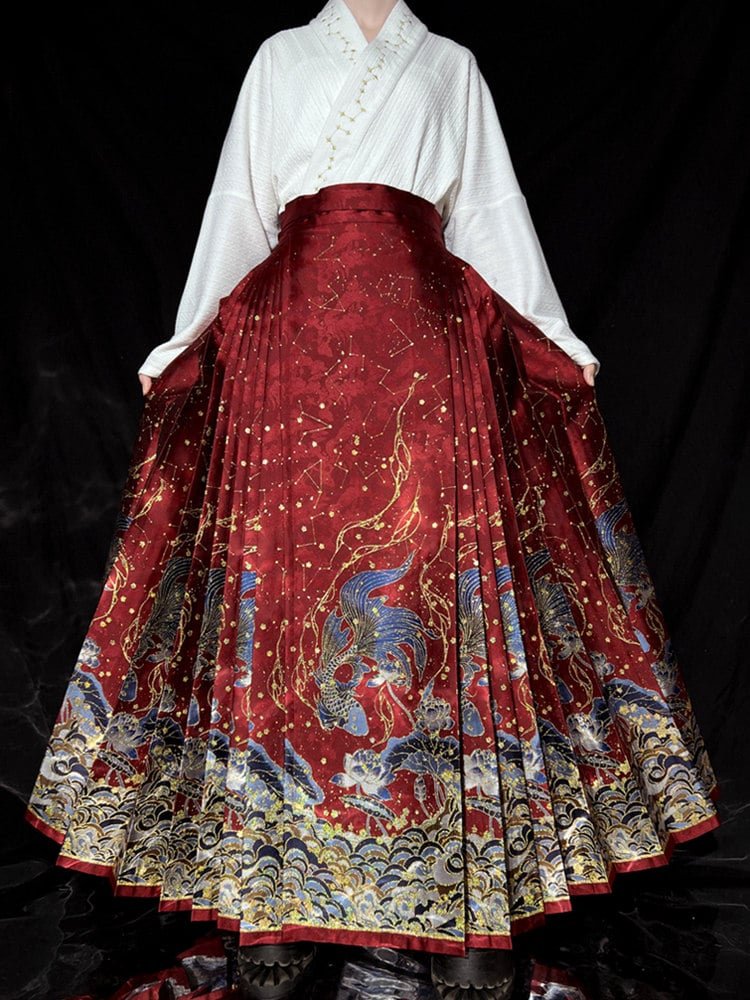 Red embroidered horse-face skirt with gold dragon patterns