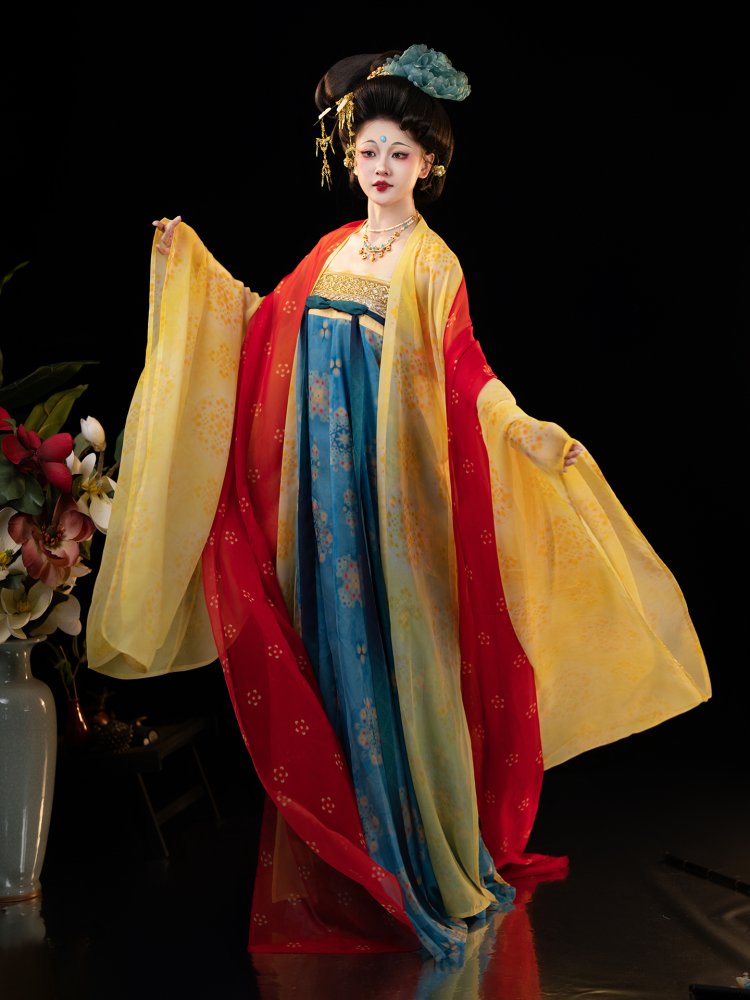 Tang dynasty Dunhuang hanfu dress shown in dynamic movement with long fluttering sleeves.
