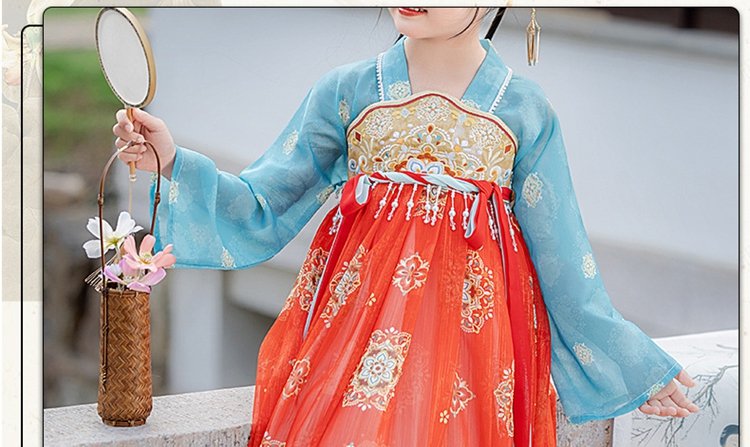 Close-up of embroidered sleeve and upper bodice design on Dunhuang style dress
