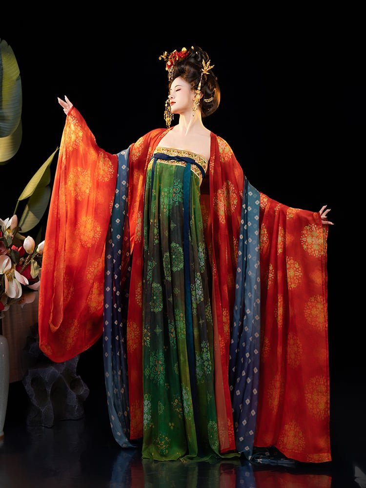 Flowing side view of Dunhuang inspired Hanfu with gradient skirt and red robe