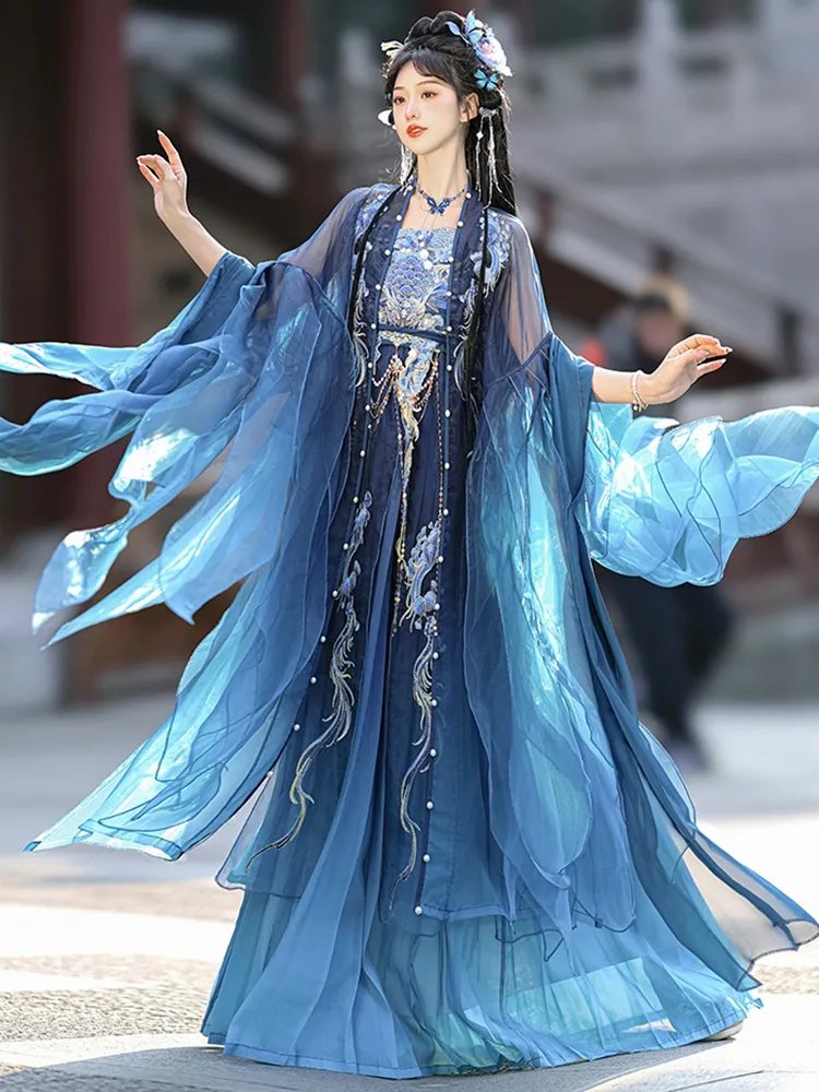 Blue Hanfu dress with embroidered details and dragon-inspired patterns.