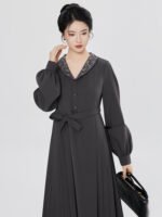 Chinese Aesthetic Dress Women – Minimal Elegant Midi Dress with Belt - Image 2