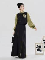 Modern Hanfu Three Piece Set Women – Embroidered Vest, Stand Collar Blouse & Flowing Skirt - Image 5