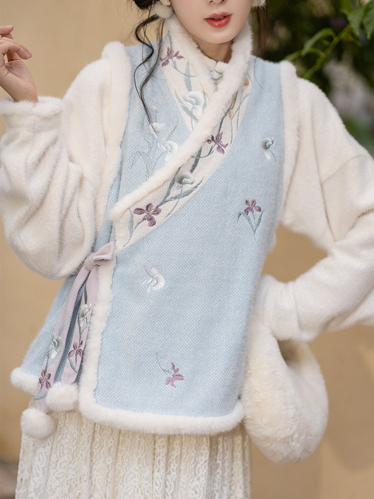 Embroidered cross-wrap vest with waist tie and soft fur trim