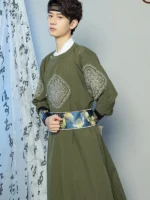 Embroidered Hanfu Man Army Green Round Neck Robe - Image 2