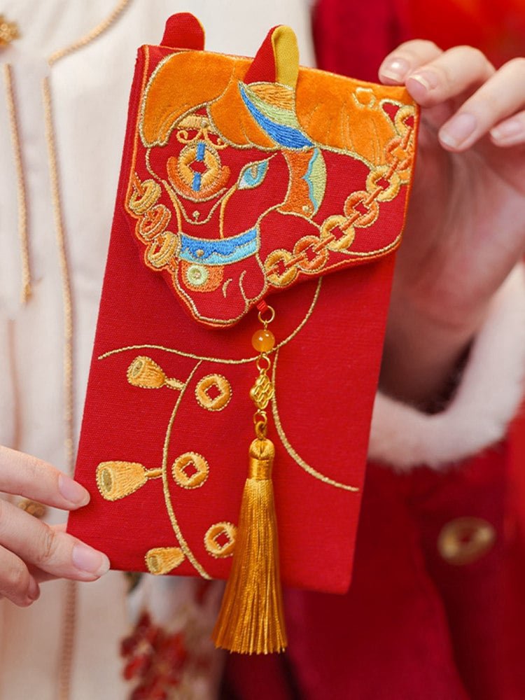 lucky horse embroidered red envelope front view