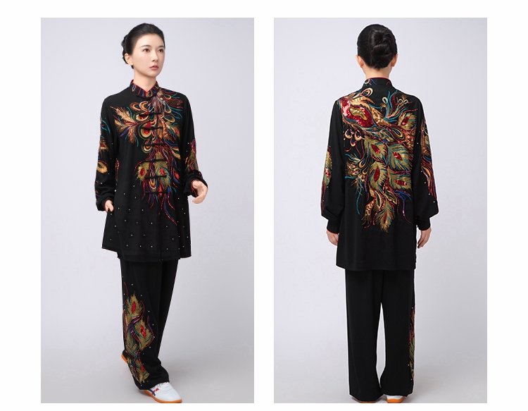 Model wearing black embroidered Tai Chi uniform, full front and back view