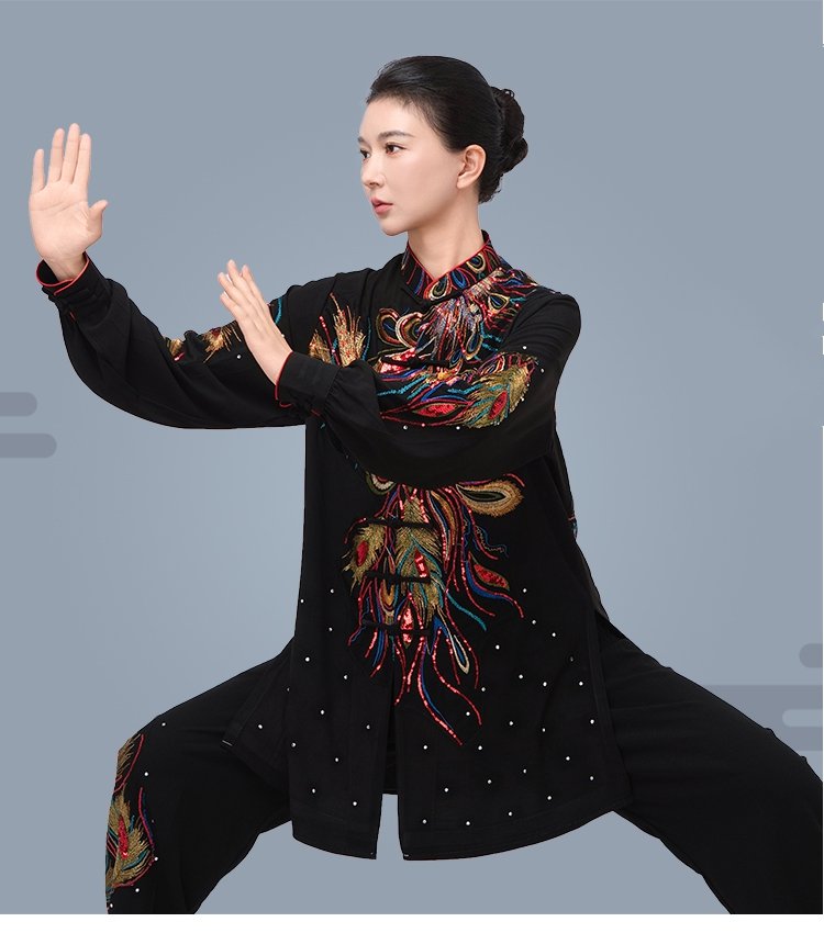 Model practicing Tai Chi in embroidered silk-linen uniform