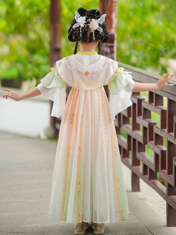 Girl's Hanfu with back ribbon and embroidered skirt