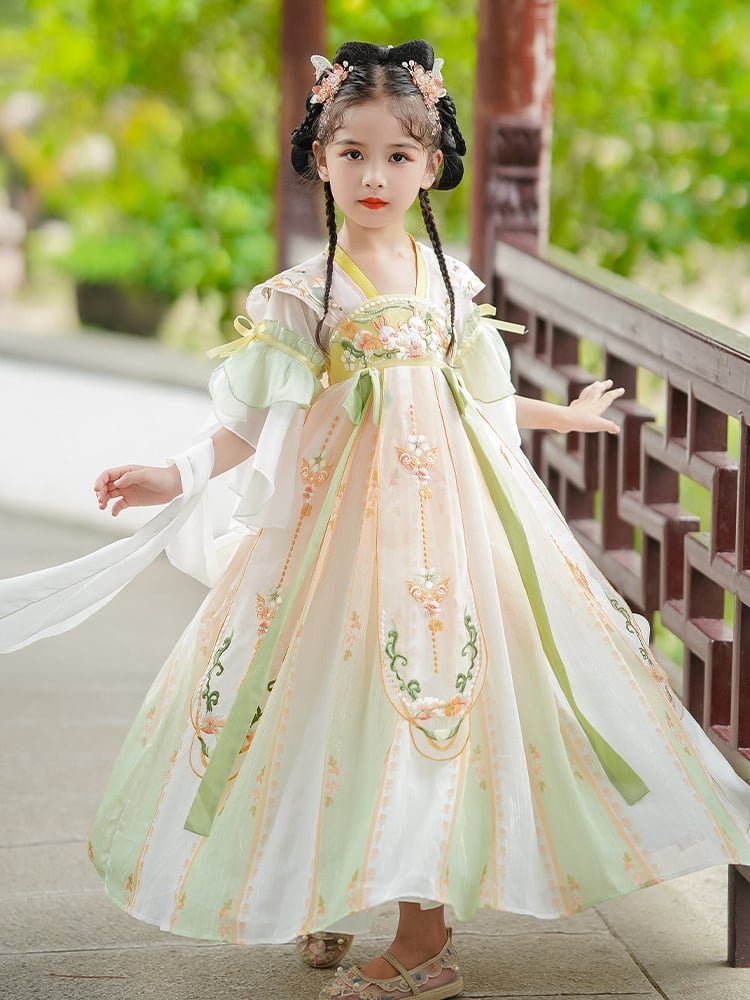 Chinese girl in rabbit embroidered Hanfu dress front view