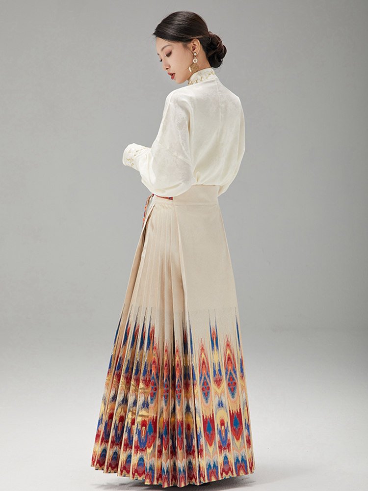 Rear view of the multicolor ikat Hanfu Mamian skirt paired with a cream blouse.