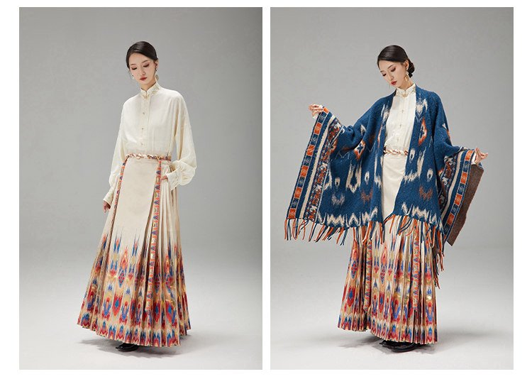 Full outfit display of the model wearing the ethnic ikat Mamian skirt and matching shawl.