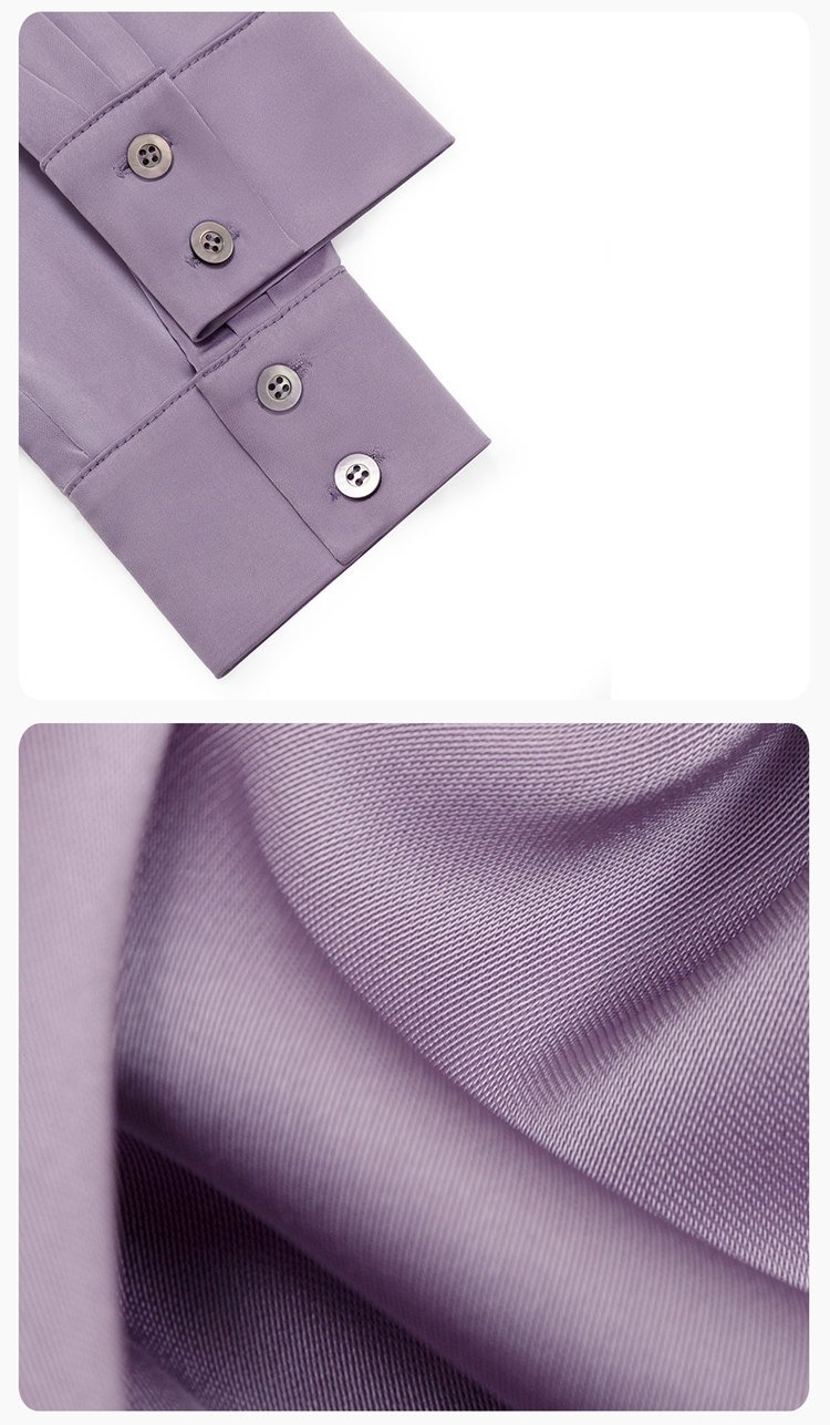 Close-up of lilac blouse fabric and cuff.