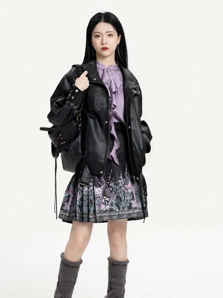 Model wearing black leather jacket, lilac stand-collar blouse, and short embroidered mamian skirt in Chinese punk style.