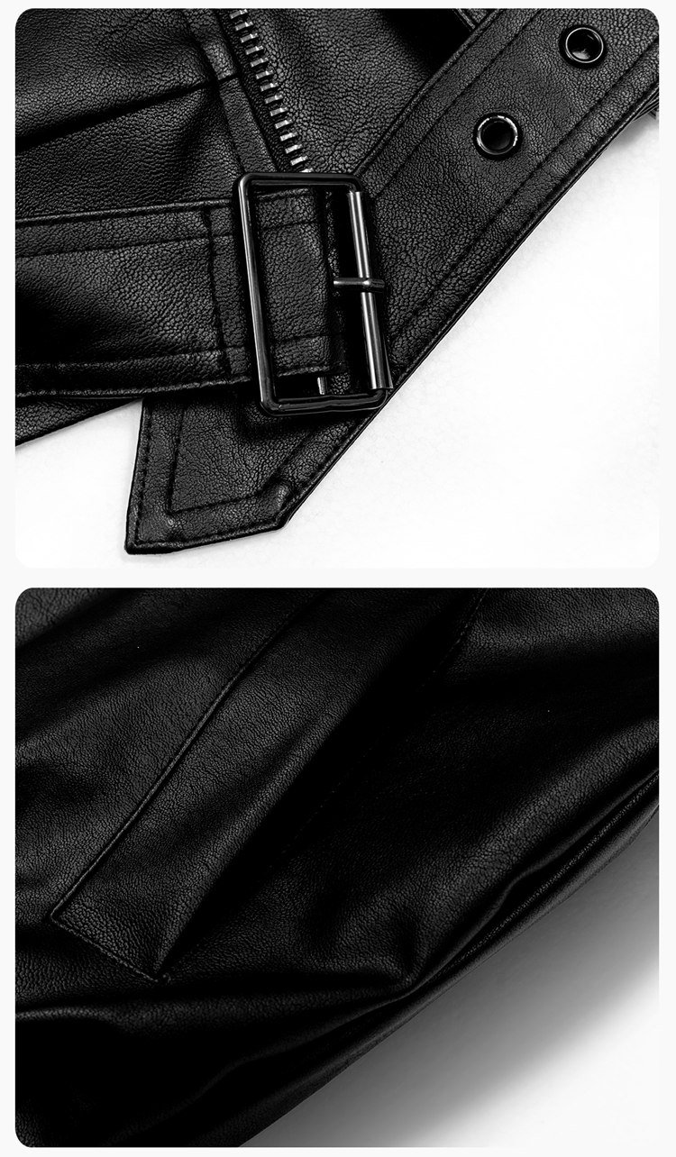 Close-up of leather jacket texture and buttons.