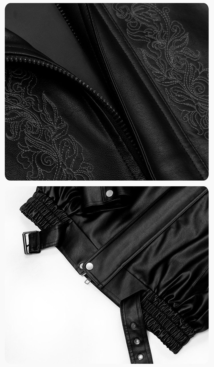 Close-up of shoulder construction and inner lining of black leather jacket.