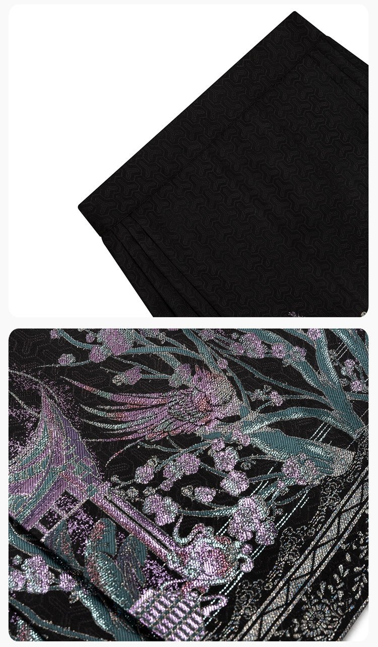 Close-up of brocade embroidery featuring swallow and plum blossom motif.