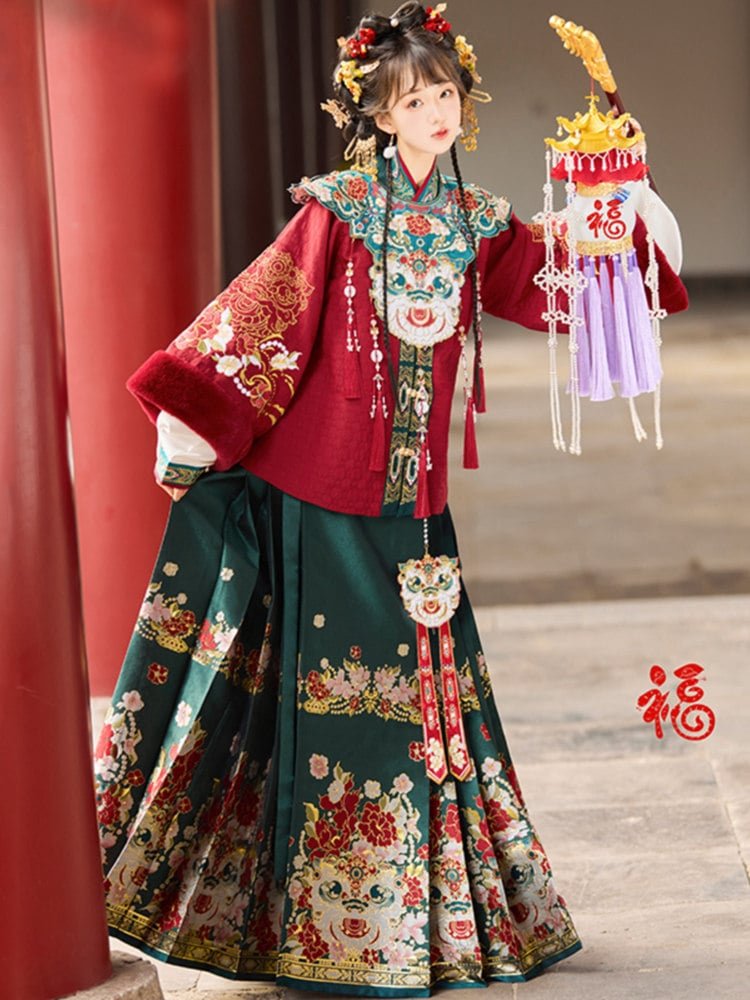 Model wearing green embroidered Hanfu with red accents