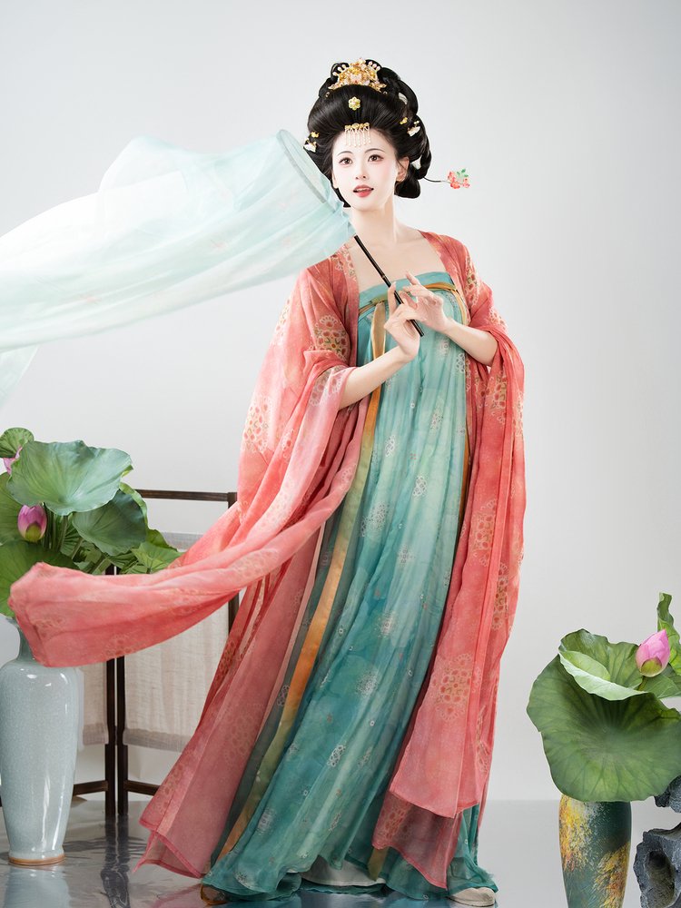 Side-angle view of Tang style Hanfu with shawl sweeping outward in motion.