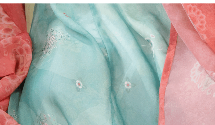 Close-up of mint-green skirt fabric with floral prints and soft chiffon texture.