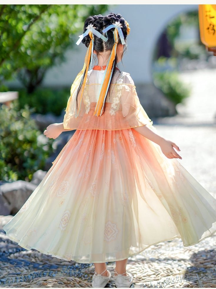 Back view showing the ribbon and hidden zipper of the girls Chinese princess dress