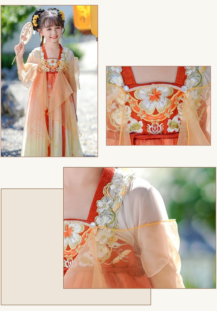 Close-up view of floral embroidery and sleeve edges on a Chinese princess dress