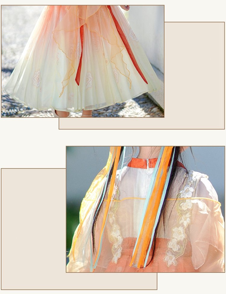 Close-up of fabric and layered chiffon on a girls Hanfu-style dress
