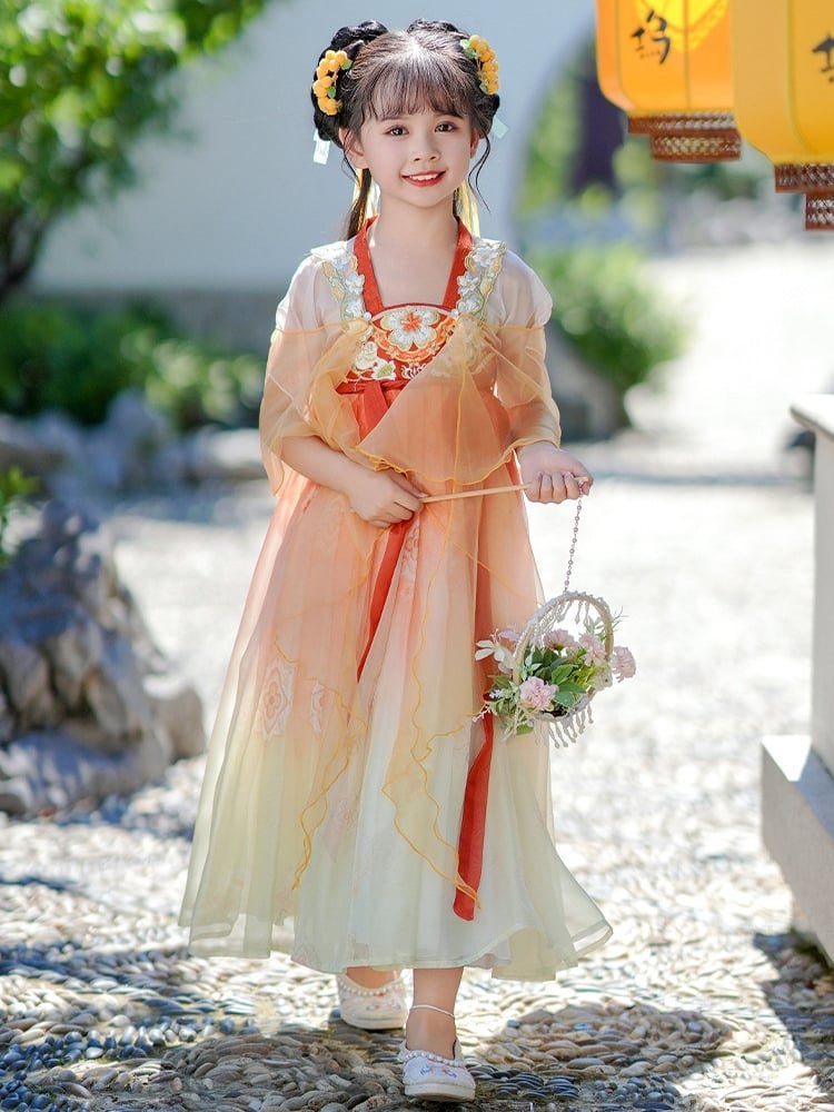 Front view of embroidered Tang-style girls Chinese princess dress