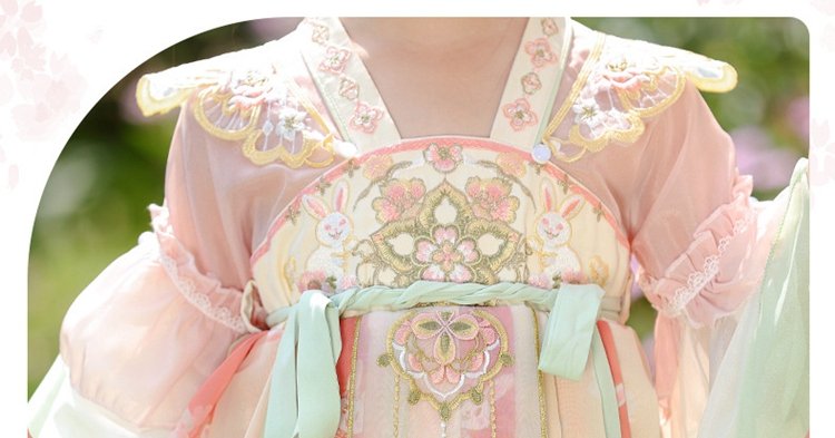 Close-up of the embroidered bodice and lace trim on a pink chiffon Hanfu dress