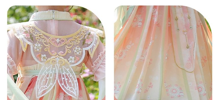Detailed view of floral patterns and layered chiffon fabric on a girls Hanfu dress