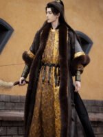 Gold Brocade Hanfu Robe | Tang Fur-Lined Coat Set - Image 3