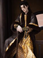 Gold Brocade Hanfu Robe | Tang Fur-Lined Coat Set - Image 5
