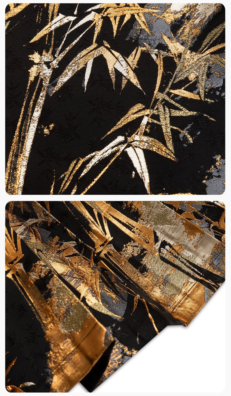 Close-up of brocade bamboo embroidery with gold thread.
