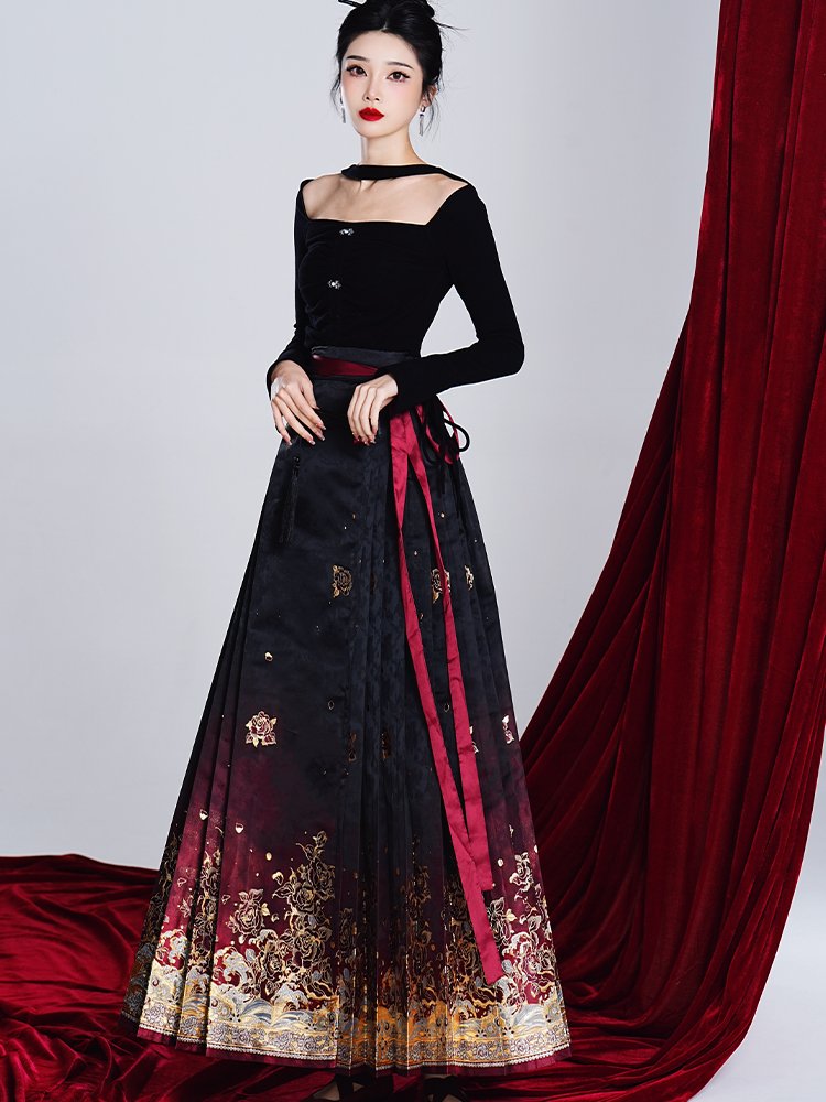 Full-body view of ombré Ma Mian skirt with luxurious rose-gold tones