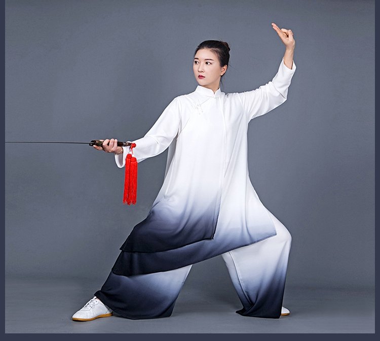 Gradient Tai Chi outfit with red fan prop